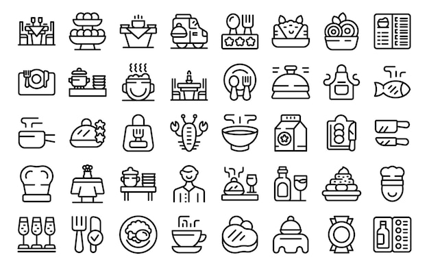Vector catering business icons set outline vector buffet party food serving event