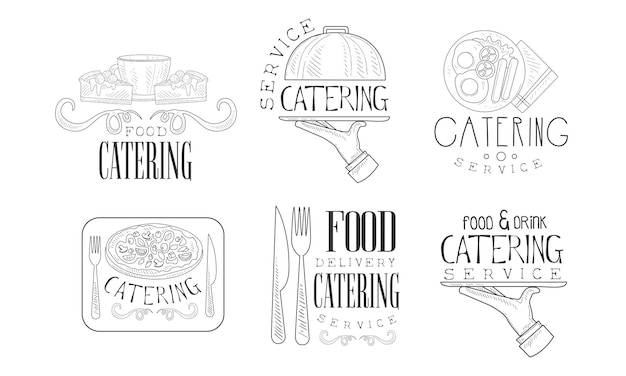 Vector catering hand drawn retro labels set food and drink delivery service monochrome badges vector illustration