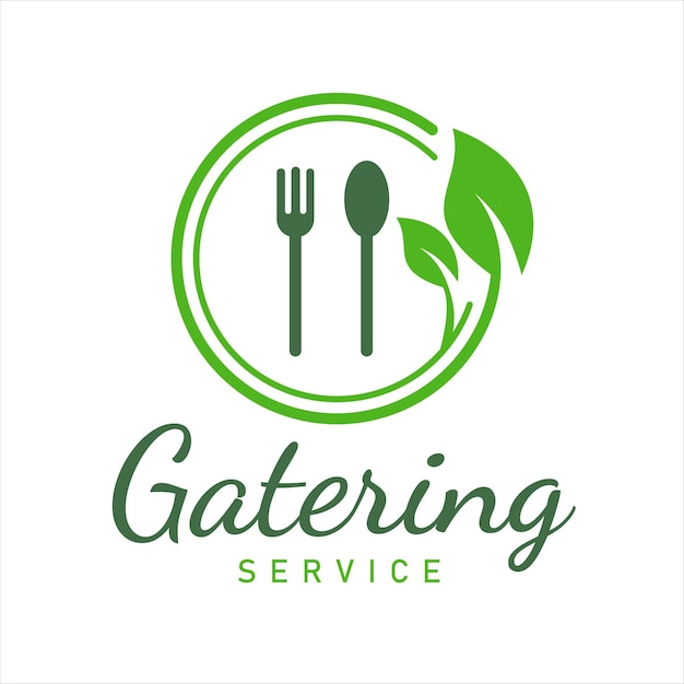 Modello di design del logo per catering con forkspoon piatto di cibo sano