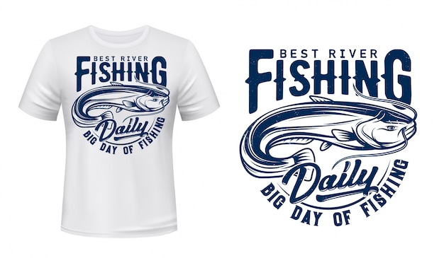 Mockup di stampa t-shirt pesce gatto pesce, pesca sportiva