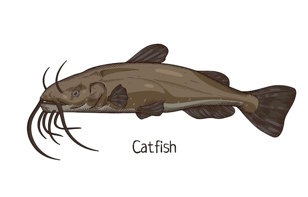 ベクトル バーベルを持つナマズ淡水魚淡水動物川種の側面図のリアルなヴィンテージ図面白い背景に分離された詳細な手描きのベクトル図