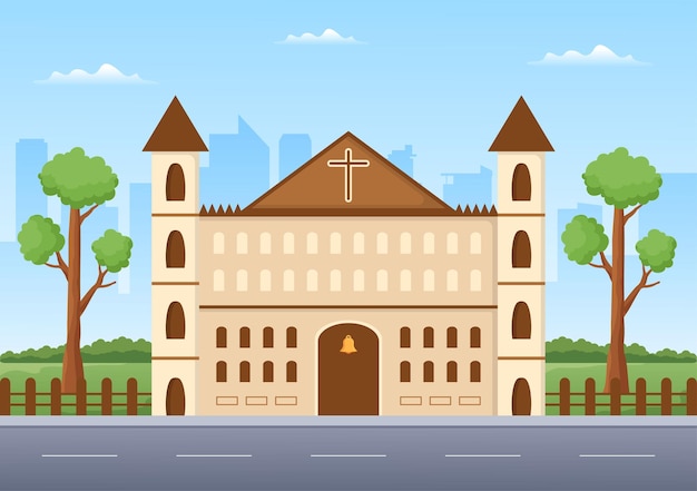 Cathedral catholic church building with medieval and modern churches interior design in illustration