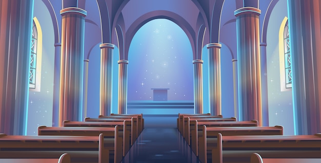 Premium Vector | Cathedral Church view inside. Interior of Catholic Church.