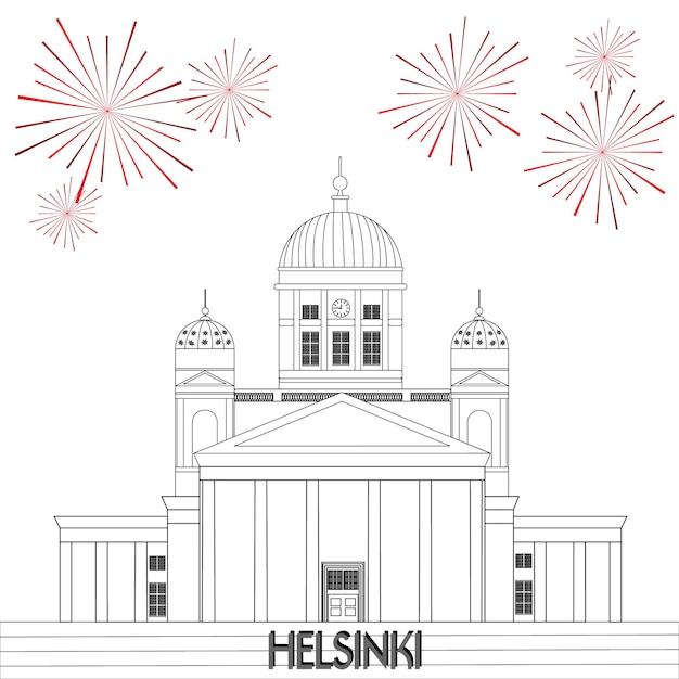 Cathedral in Helsinki and Fireworks - Illustration in Outlined Style