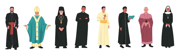 Vector catholic church characters christian religion church leader in different clothes catholicism religious clergyman pastor priest pope vector cartoon set illustration of religion character collection