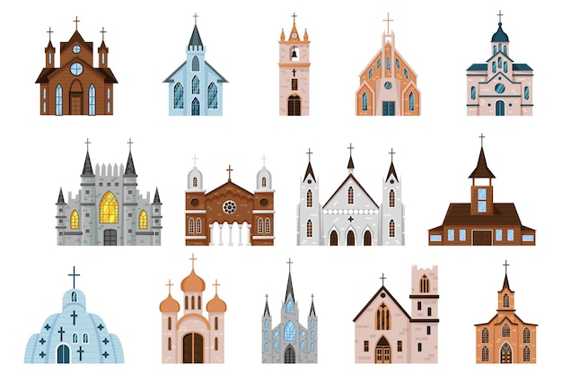 Catholic church vintage monastery architecture buildings with glass windows crosses on roofs modern garish doors bell tower wooden and stone temples vector isolated chapels set