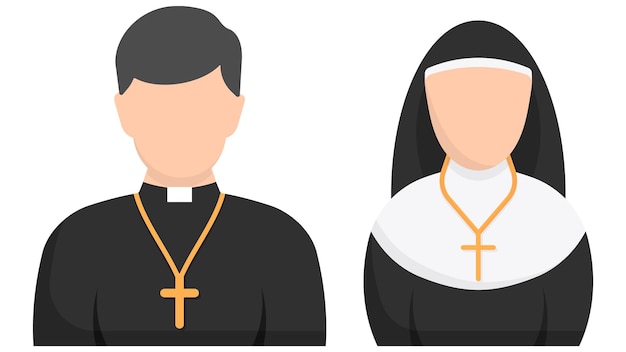 カトリックの司祭と修道女のフラット アイコン ベクトル図