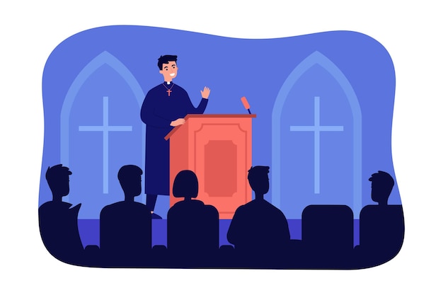 Vettore sacerdote cattolico parlando sul podio della chiesa. predicazione del reverendo padre in piedi alla tribuna piatta illustrazione vettoriale. concetto di discorso religioso per banner, design di siti web o pagina web di destinazione