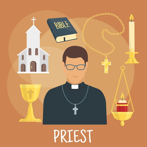 Vector catholic priest with religious symbols flat style