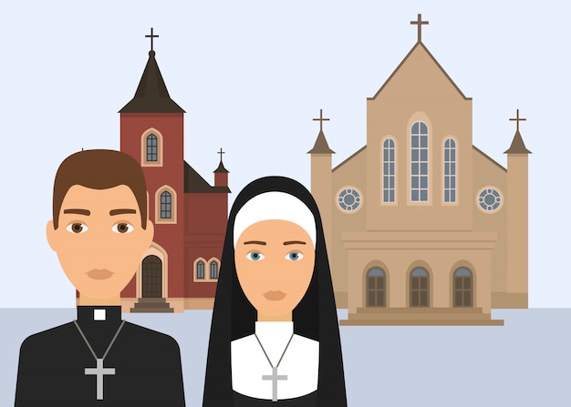 Catholic religion vector illustration. pastor character and\
catholic nun with cross and cathedral or church isolated on white\
background. christian religion of catholisism