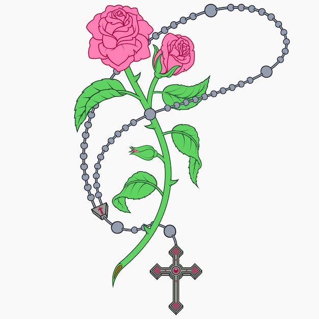 Vector catholic rosary with roses and petals