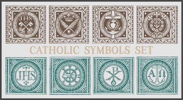 Catholic Symbols vector set of 8, vintage engraving. Catholic symbolism.