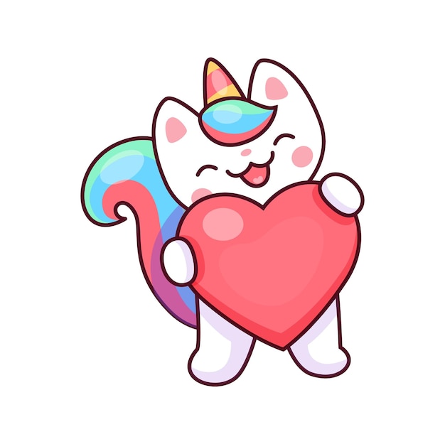 Caticorn character with big heart in paws love