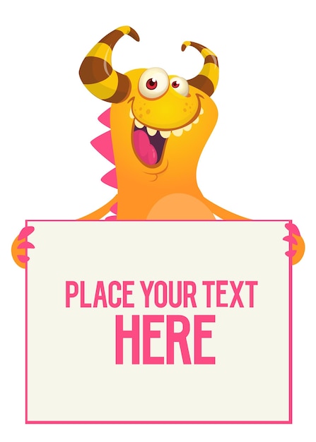 Catoon monster holding black sign with sample message on it