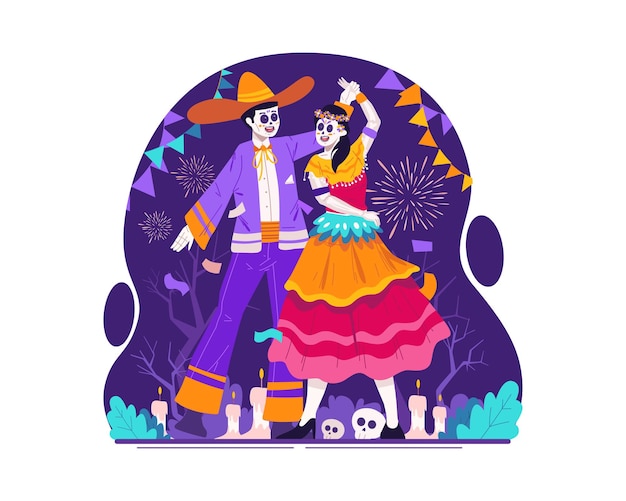 Vettore una coppia di catrina con costumi tradizionali messicani che ballano il giorno dei morti dia de los muertos