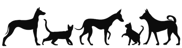 Кошки и собаки черный силуэт изолированные вектор