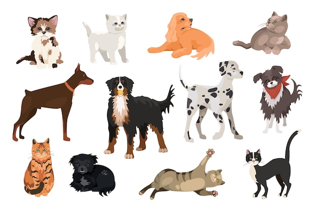 猫と犬のデザイン要素セット。さまざまな品種のペット、ドーベルマン、マウンテンドッグ、ダルメシアン、遊び心のある子猫や子犬のコレクション。ベクトルイラストフラット漫画スタイルでオブジェクトを分離しました
