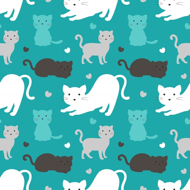 플릿 손으로 그린 만화 일러스트레이션에서 고양이 요소와 함께 고양이 동물 원활한 패턴 디자인