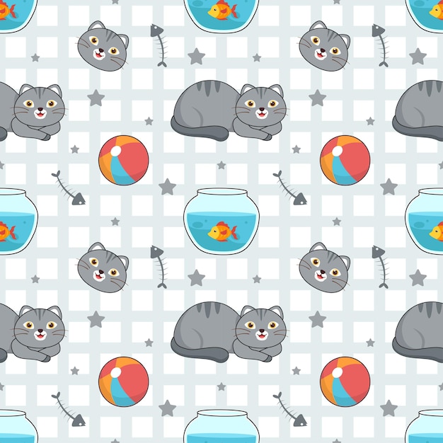 Cats Animals Seamless Pattern Design with Cat Element in Template Cartoon Flat Illustration