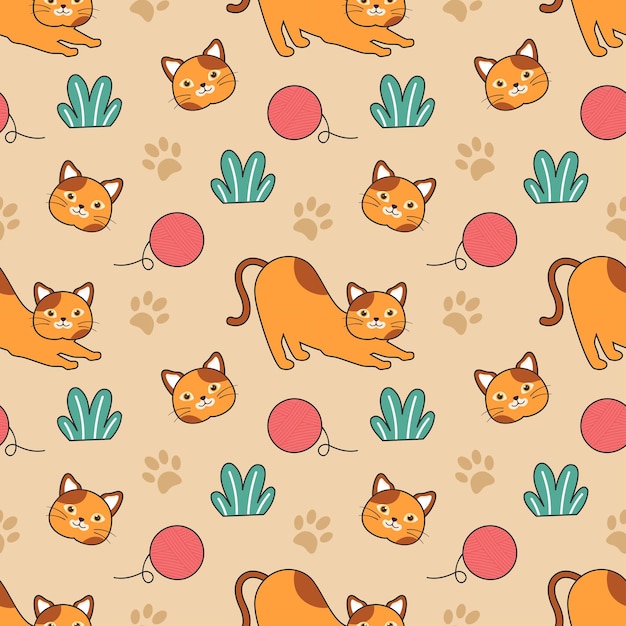 Cats Animals Seamless Pattern Design with Cat Element in Template Cartoon Flat Illustration