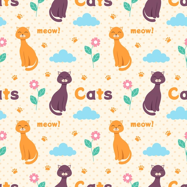 Gatti animali seamless pattern design con cat element in template cartoon flat illustration