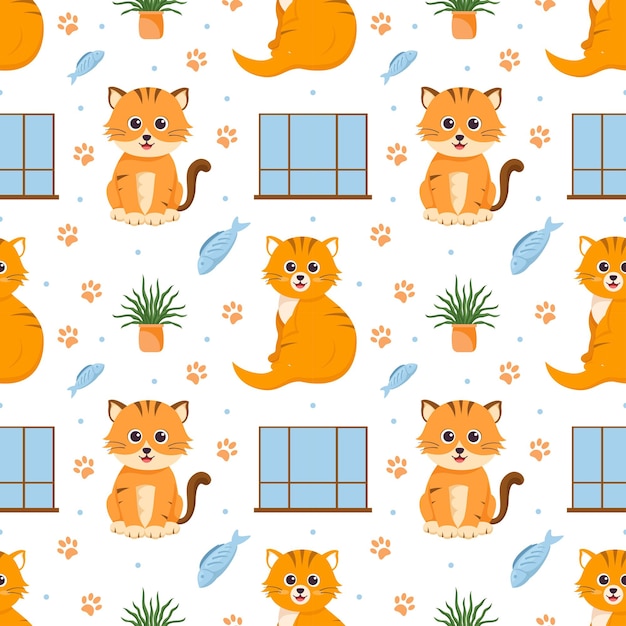 Cats Animals Seamless Pattern Design with Cat Element in Template Cartoon Flat Illustration