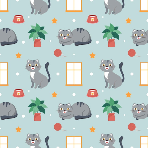 Gatti animali seamless pattern design con cat element in template cartoon flat illustration