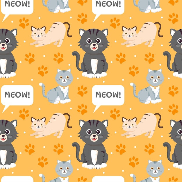 猫動物のシームレスなパターン デザイン テンプレート漫画フラット イラストの猫要素