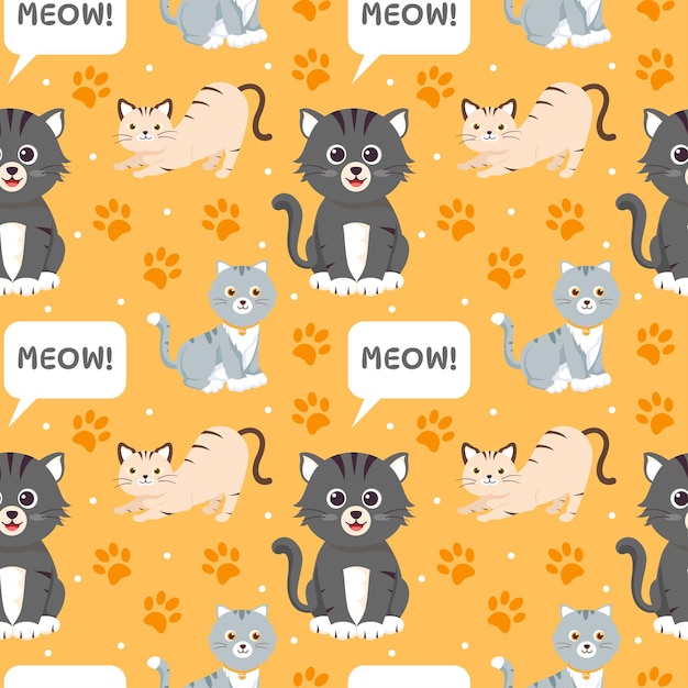 Gatti animali seamless pattern design con cat element in template cartoon flat illustration