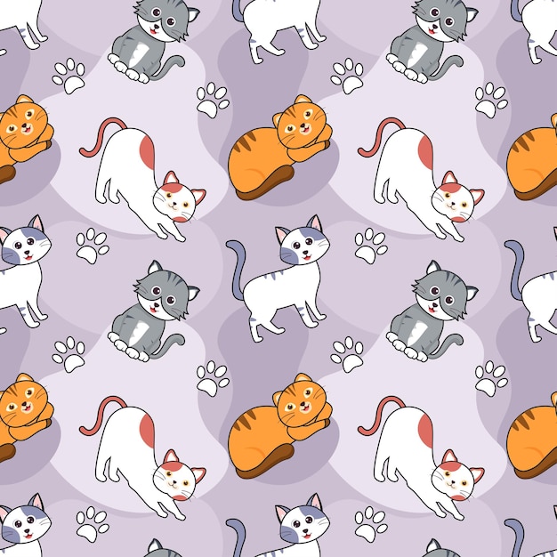 Cats Animals Seamless Pattern Design with Cat Element in Template Cartoon Flat Illustration