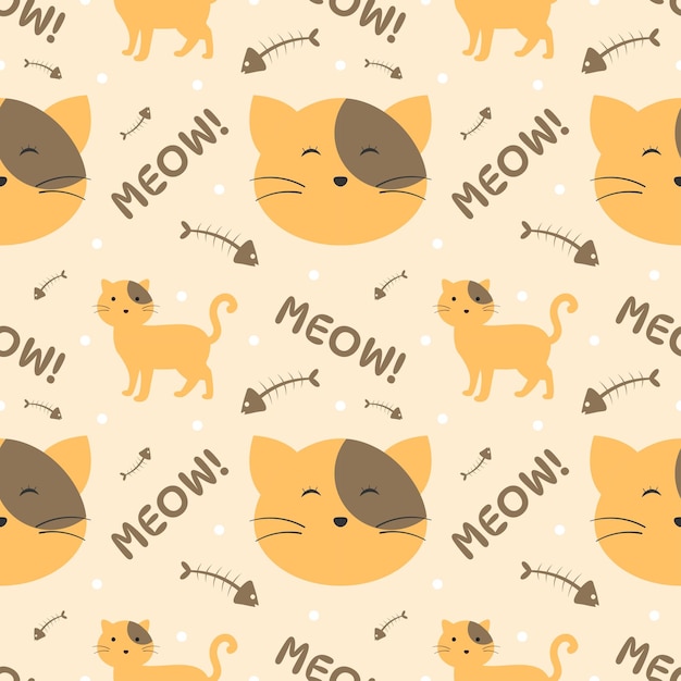 Vector cats animals seamless pattern design with cat element in template hand drawn cartoon illustration