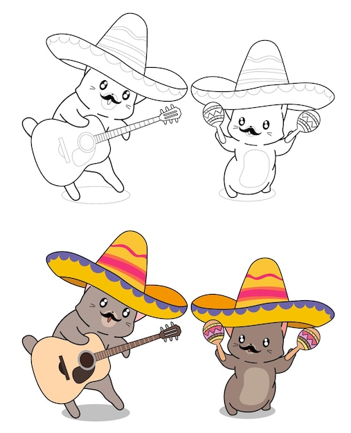 Cats are enjoying with music cartoon coloring page for kids