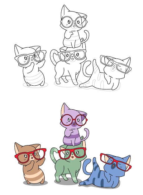 Cats are wearing glasses cartoon coloring page