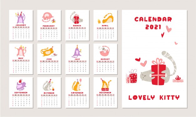 cats birthday party calendar, funny kitten in festive hat, gift boxes and presents, birthday cake and drinks