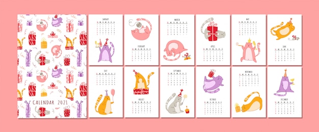 Вектор cats birthday party calendar - забавный котенок в праздничной шапке, подарочные коробки и подарки