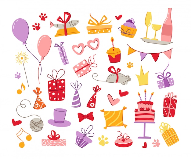 Vettore set di accessori per animali domestici per la festa di compleanno di gatti - scatole regalo, cibo, cuscino, pesce, topo, bandiere e palloncini, torta di compleanno