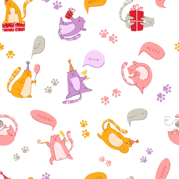 Cats birthday party seamless pattern - funny kitten in festive hat and speech bubble meow