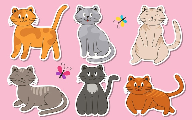 Cats cartoon flat colorful sticker label pets set