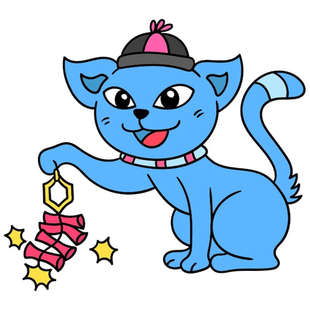 Cats celebrate chinese new year by lighting firecrackers, doodle draw kawaii. illustration art