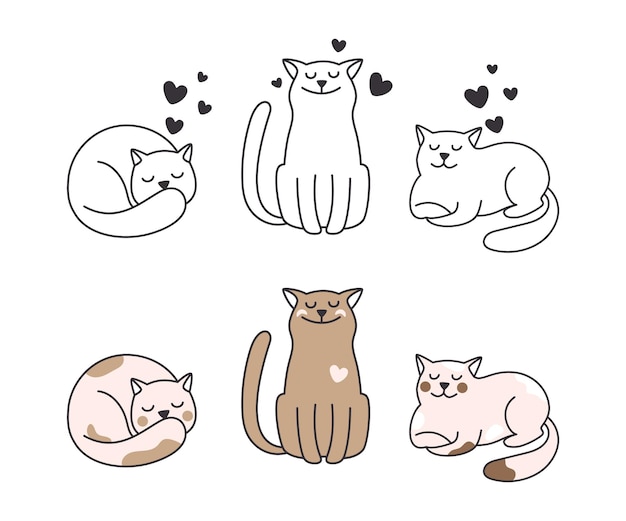 Cats collection. Line doodle kitten, cute isolated animals. Pets in love vector illustration