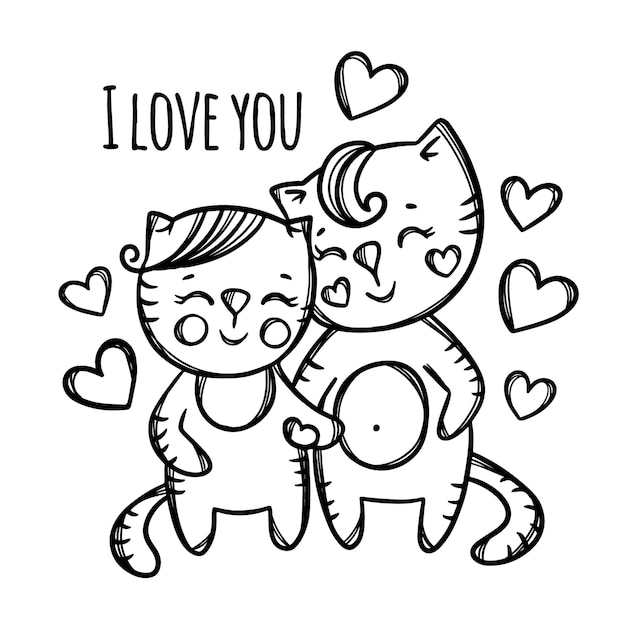 cats Couple In Love. Cartoon Animals Monochrome Hand Drawn Clip Art