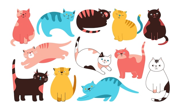 Cats cute doodle cartoon set kitty purebred different poses emotion flat character pet animal vector