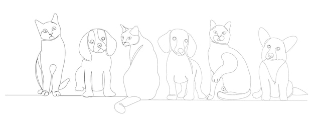 Vector cats and dogs drawing by one continuous line sketch vector