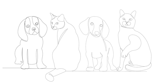 Cats and dogs drawing by one continuous line sketch vector