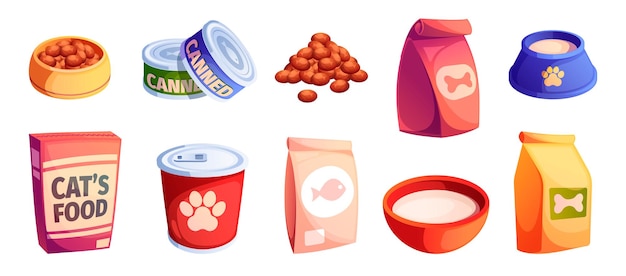 Cats and dogs food Cartoon domestic pets feed with healthy snacks and treat feline and canine animal food packaging veterinary products Vector collection