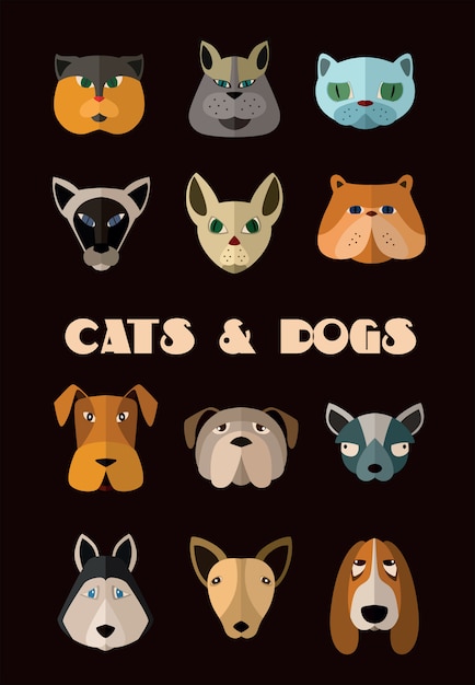 Cats and dogs heads set