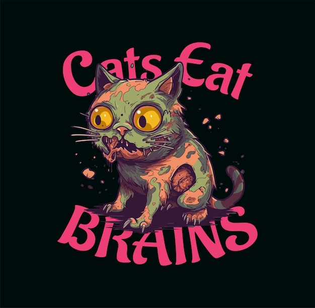 猫は脳を食べる ゾンビの猫 Tシャツ ロゴデザイン ハロウィーンのベクトルイラスト