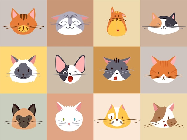 Кошачьи эмоции лица Милые котенки аватары мультфильмы домашние животные лицо Различные эмоции кошка детские наклейки векторный набор котенка милый кот аватара лицо иллюстрация