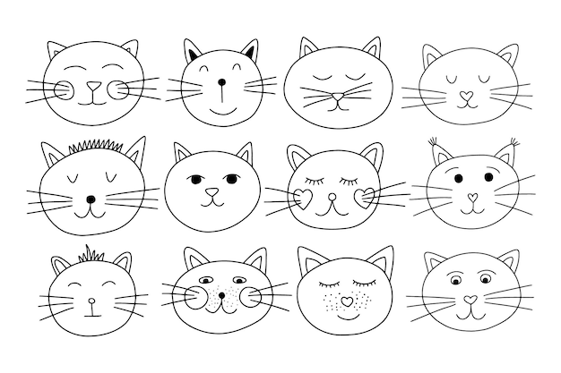 Cats faces vector set Cute different cat characters faces vector set