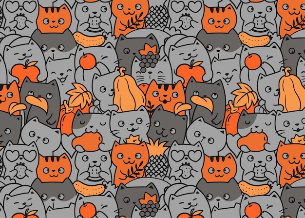 Cats and Fruits doodle pattern background